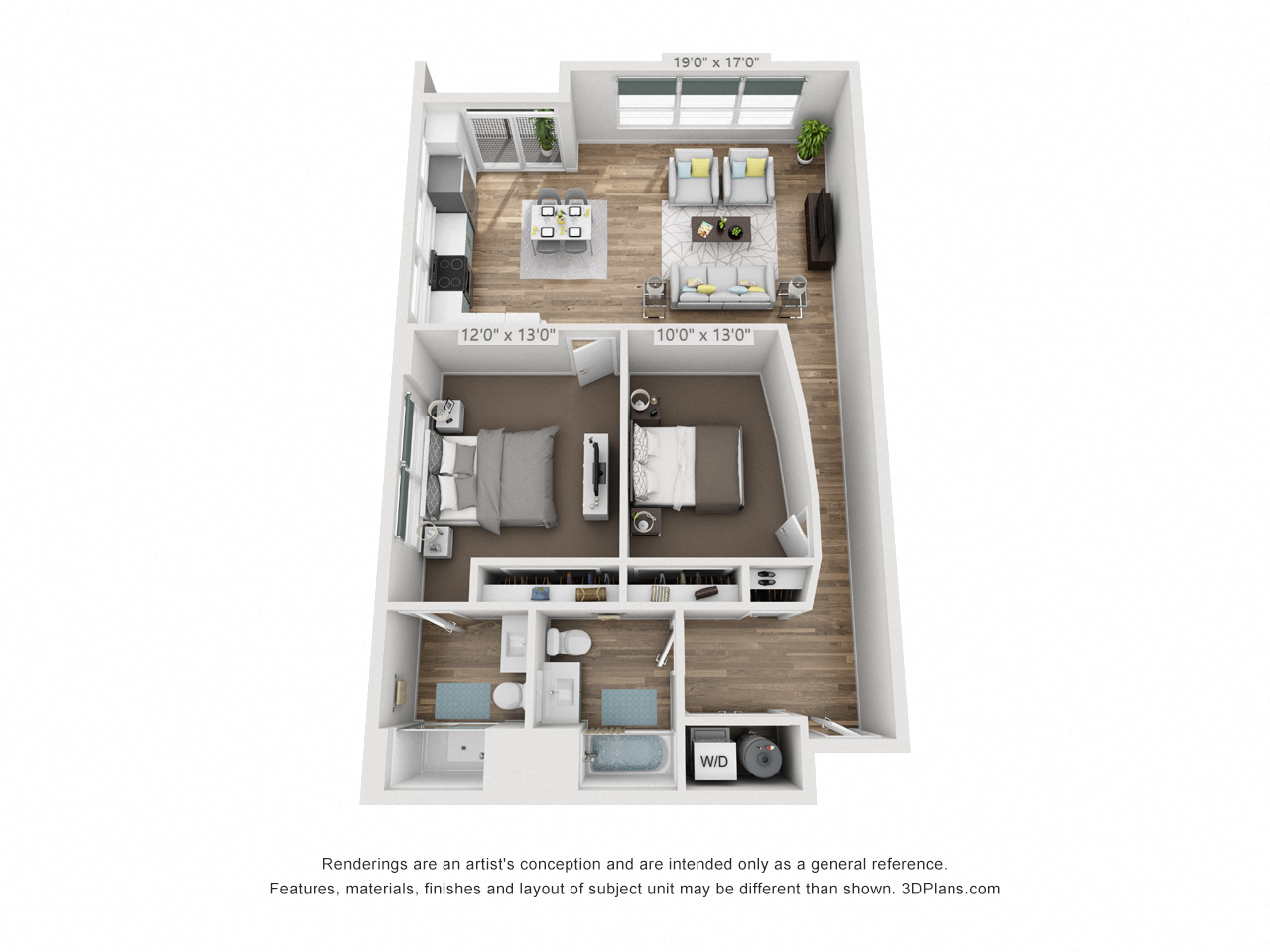 Floor plan for 2 beds, 2 baths, 1230 sqft